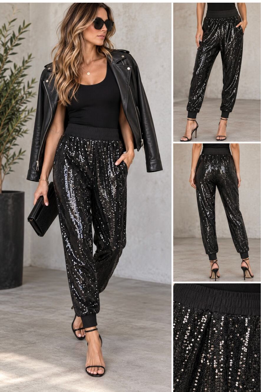 AllSaints Soraya Sequin Jogger Pants Black High Rise Party Glam US 2 UK 6